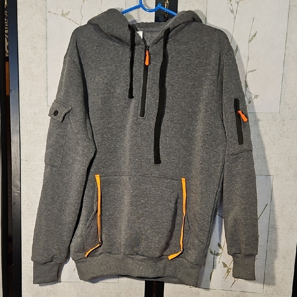 Men's Gray Zip-Up Sweater with Orange Accents - Picture 1 of 3